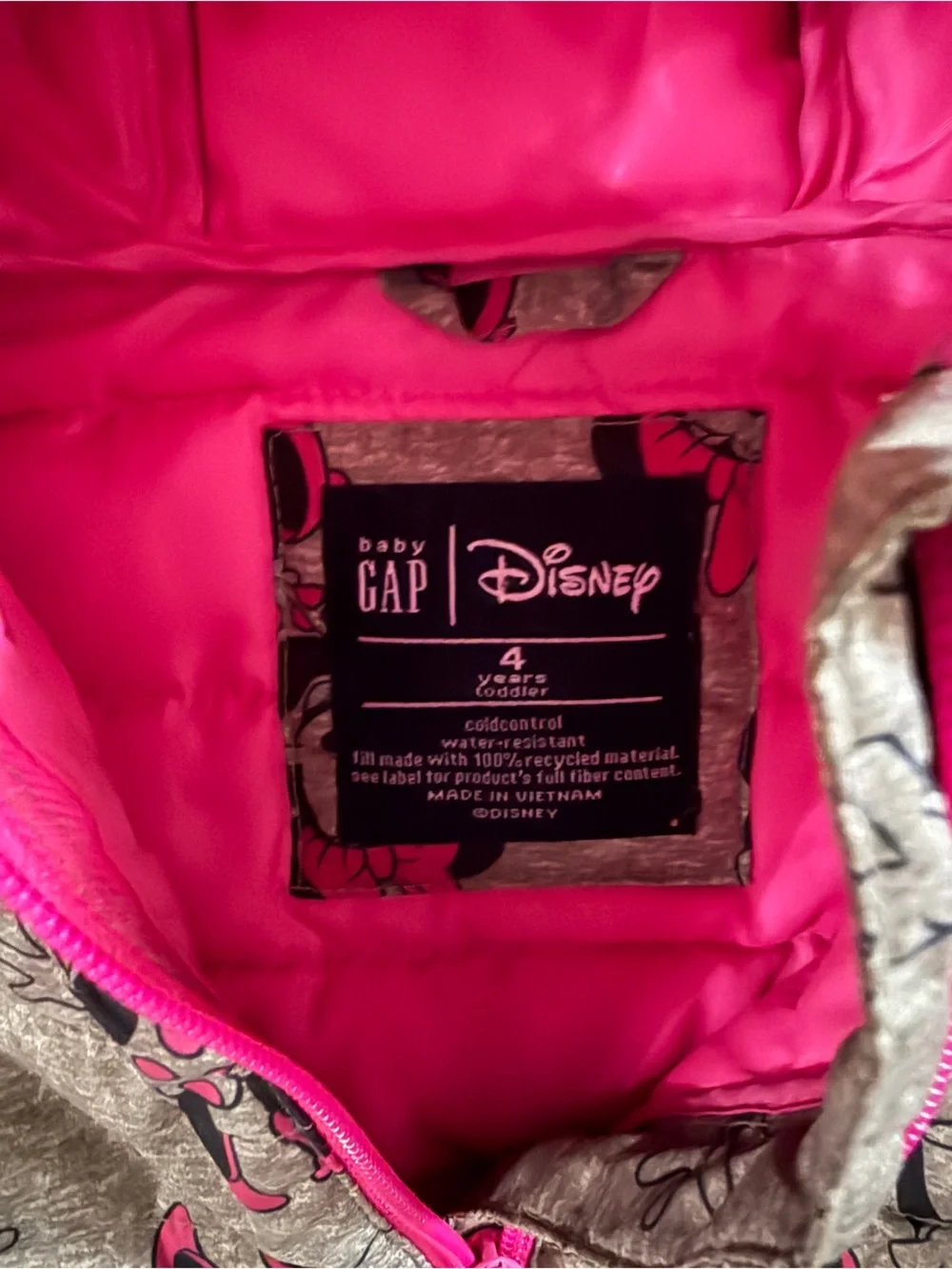 GAP x Disney Baby Minnie Mouse Pink and Gray Puffer Jacket